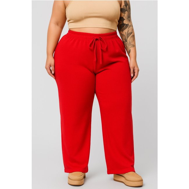 Calça Pantalona Plus Size D Bell Outlet Fashion Feminina Duna Com Bolso Cintura Alta Vermelho