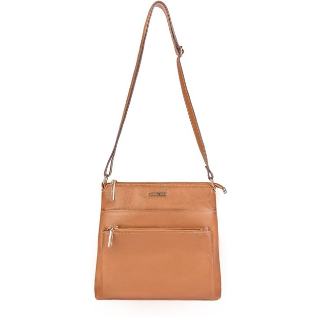 Bolsa transversal de couro liso Giselle - Caramelo