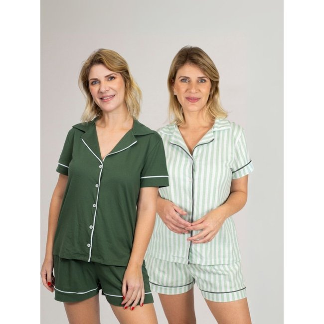 KIT Pijama Americano Curto Militar + Pijama Americano Curto Listrado Verde