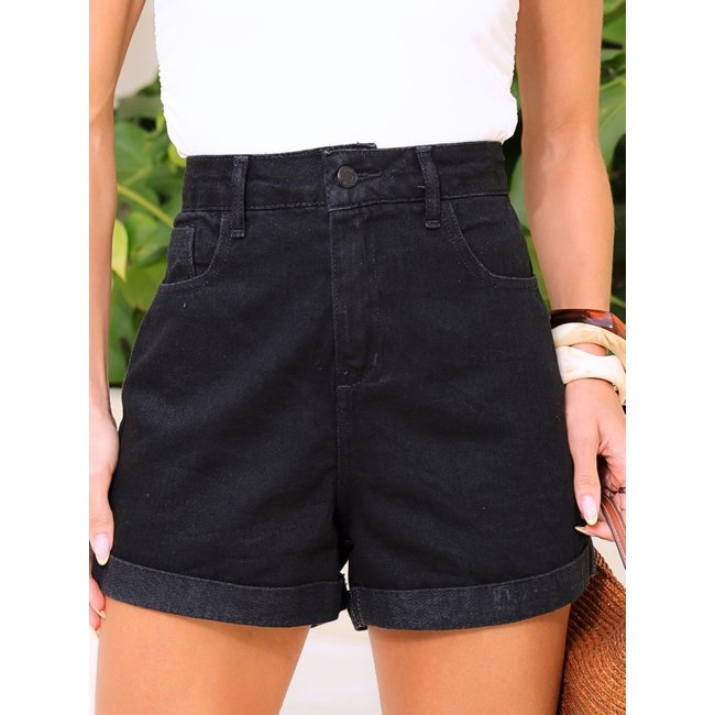 Shorts Jeans Preto Mom Cintura Alta Feminino