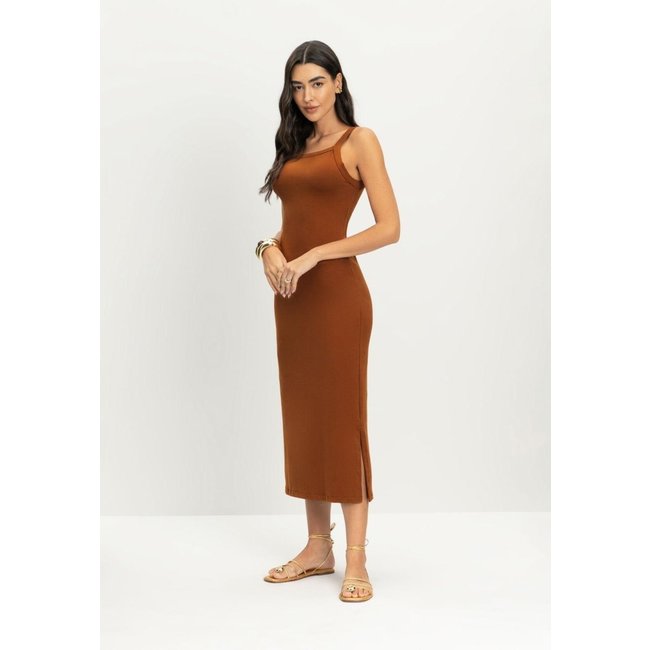 Vestido feminino midi em cotton Essendi -Marrom escuro Marrom