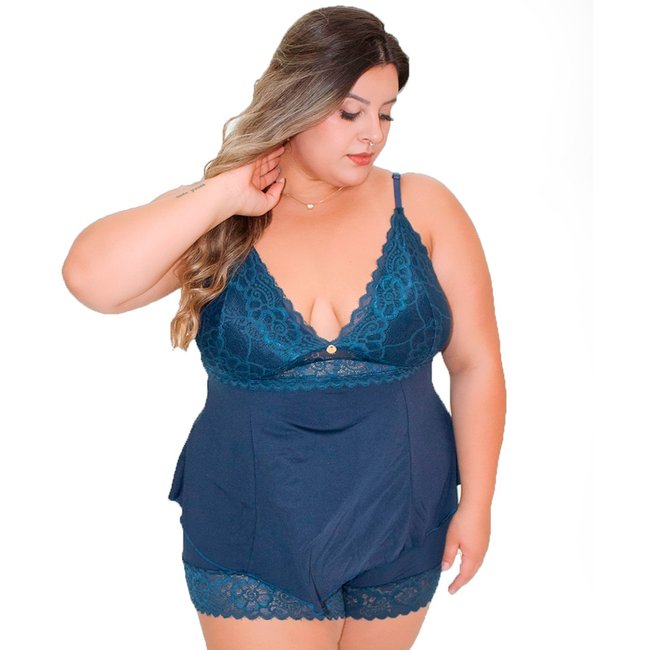Short Doll Baby Doll Pijama Confortável Renda Luxo Plus Size Amanda Azul Marinho