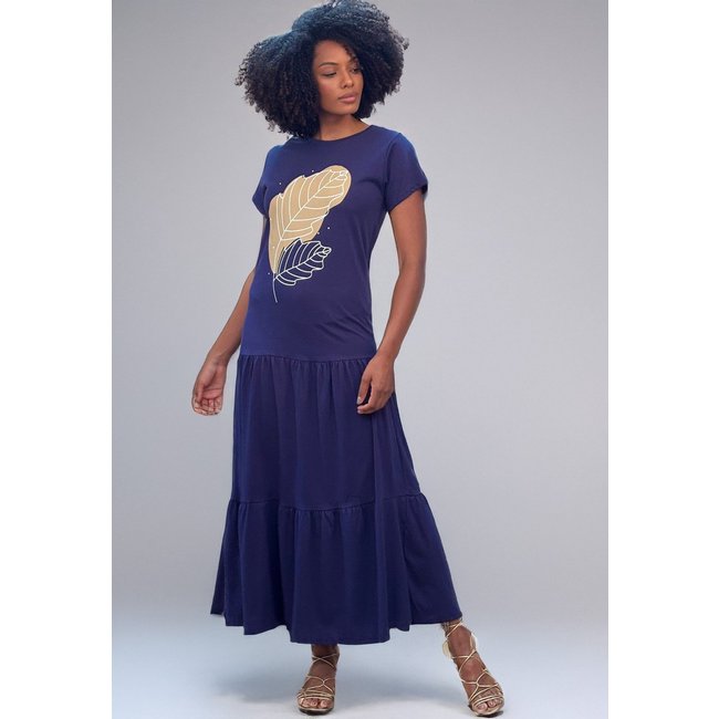 Vestido Caabanafree Longo Com Manga Curta Folha Azul