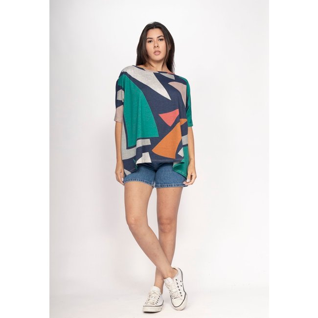 Blusa Amazonia Vital Ampla Malha Morcego Manga Curta Geometrias do Tempo
