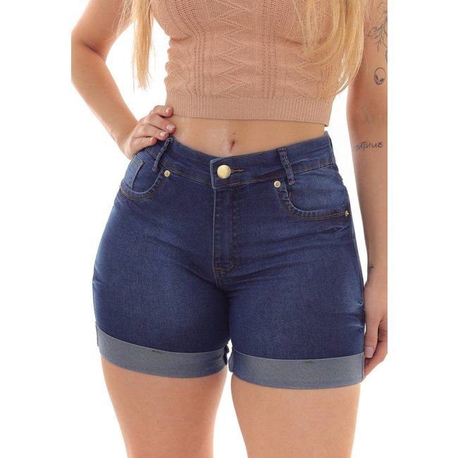 Shorts Feminino Jeans Bermuda Meia Coxa Tendência Lavagem Escura Detalhe Barra Dobrada