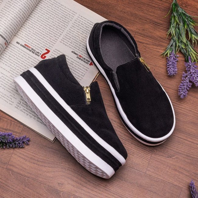 Slip On Tênis Plataforma Com Zíper Lateral Feminino Sola Alta Macio Para Ficar Alta - Preto