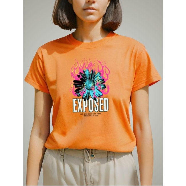 Camiseta Feminina T-shirts GuGi Plus Size Blusinhas Baby Look Flor com Fogo Camisa Laranja