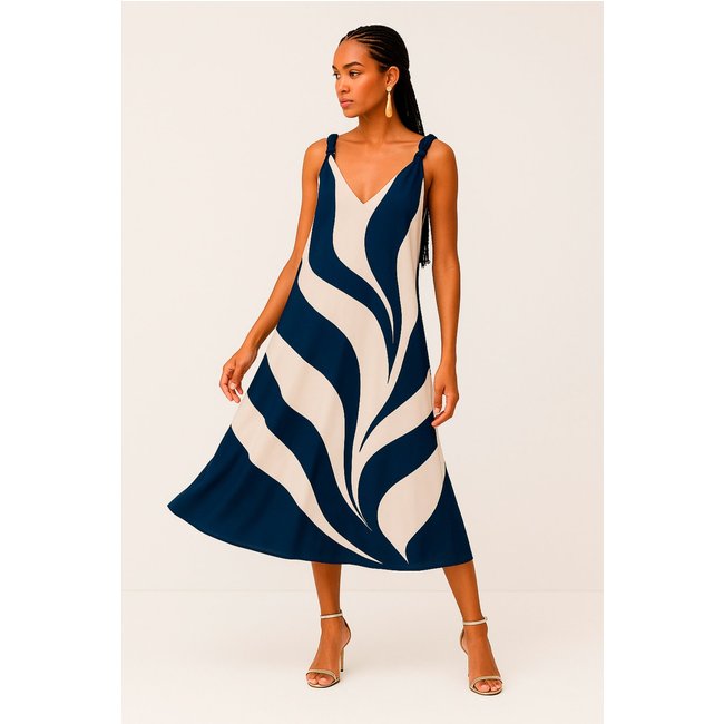Vestido Longo Estampado Com Decote V Folhas 11 Charry