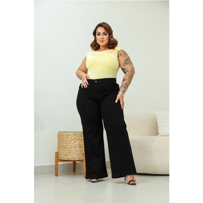 Calça Donna De Paula Wide Leg Preta Plus Size Cintura Alta Pantalona