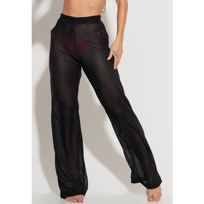 Calça MVB Modas Saída de Praia Pantalona Furadinha Renda Preto