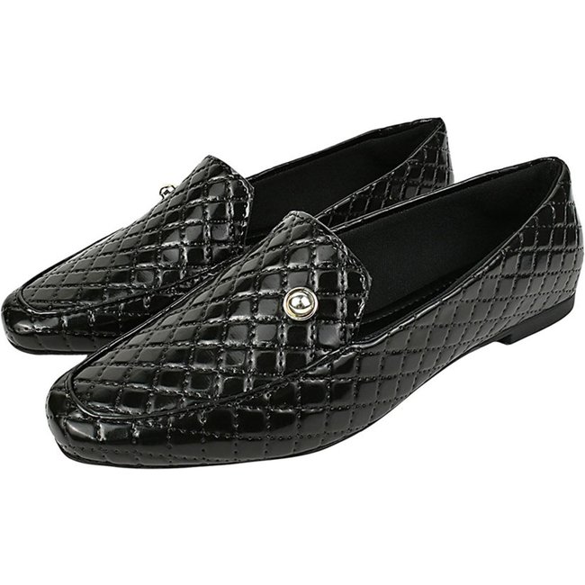 Sapato Mocassim Donatella Shoes Bico Quadrado Matelasse Verniz Boton Sapatilha Preto