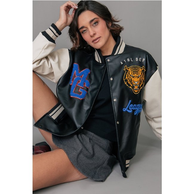Jaqueta Bomber De Napa Preto E Off White marinaegabriella