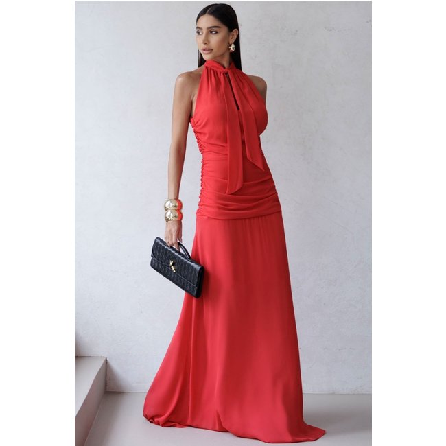Vestido Linik Longo Crepe Drapiado C/Ziper Costa Vermelho