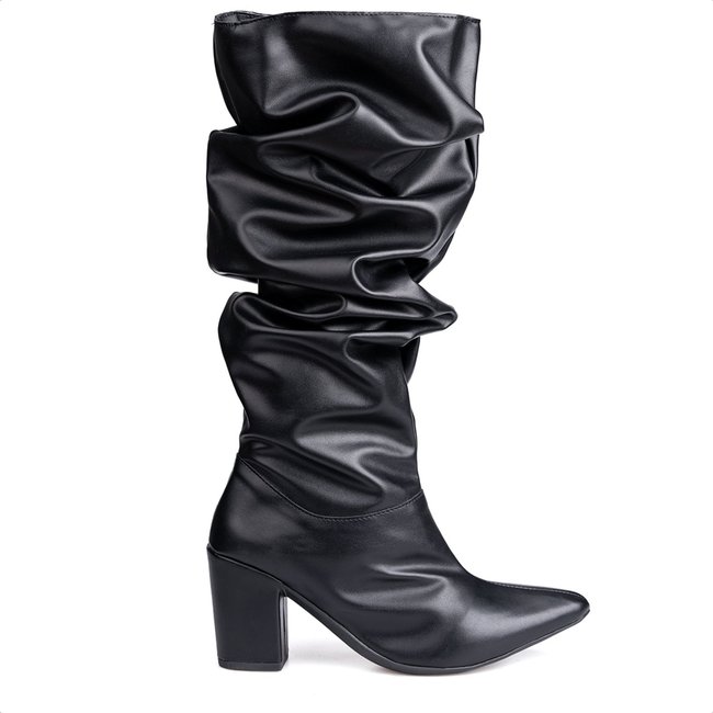 Bota Feminina Slouchy Enrugada Salto Geométrico Bico Fino Preto