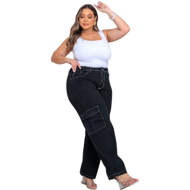 Calça Cargo Feminina Plus Size Preta Sarja com Costura Branca Jeans Loka