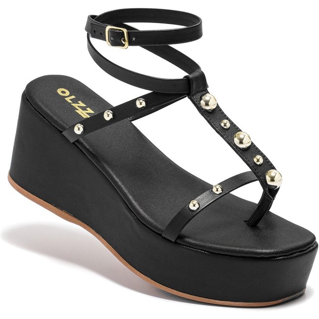 Sandália Feminina Plataforma Anabela Tiras Delicada e Detalhes Metalizado Leve Original Olzzy Preto