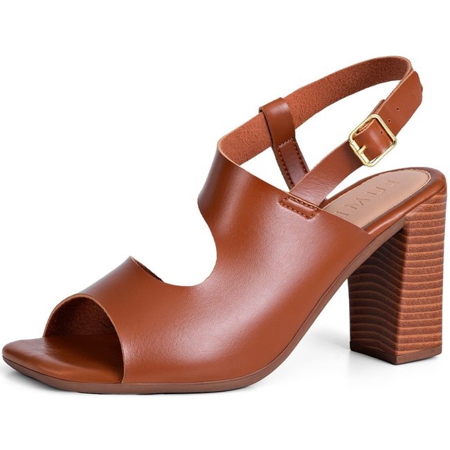 Sandália Feminina Lumiss Salto Alto Bloco Fivela Bico Quadrado Confortável Caramelo