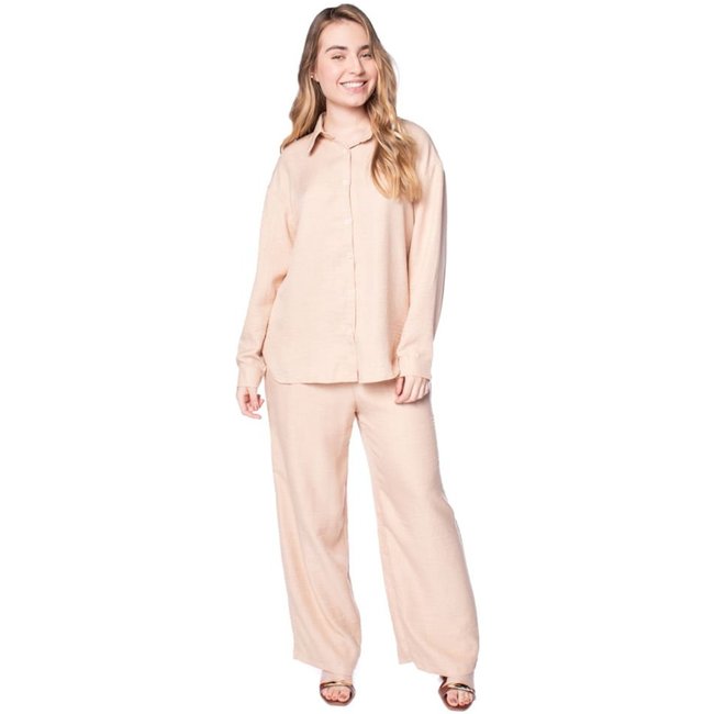Conjunto Feminino Pellini Camisa e Calça Wide Leg Bege
