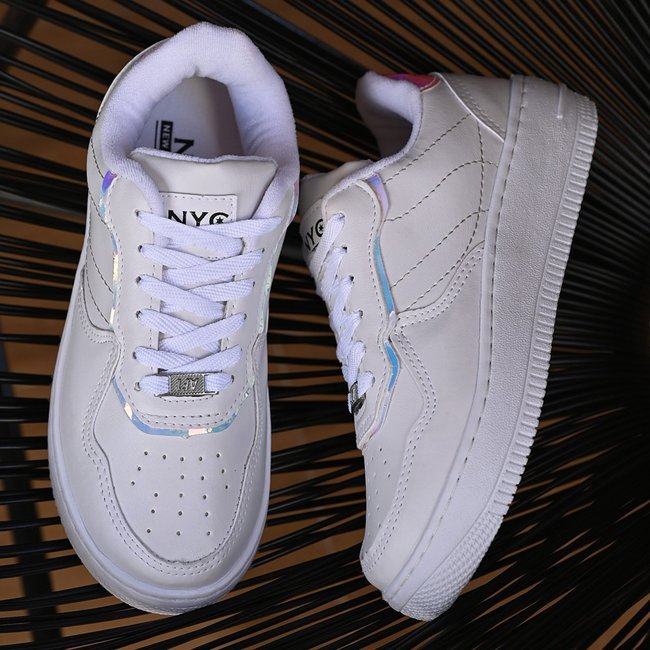 Tenis Branco Holografico Feminino Casual Nyc Shoes Adulto Brilhante