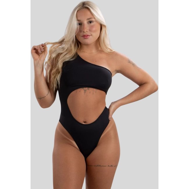 Maiô Body Buraco Ombro Só Recorte Poliamida Mula Manca Liso Elastano Verão Preto