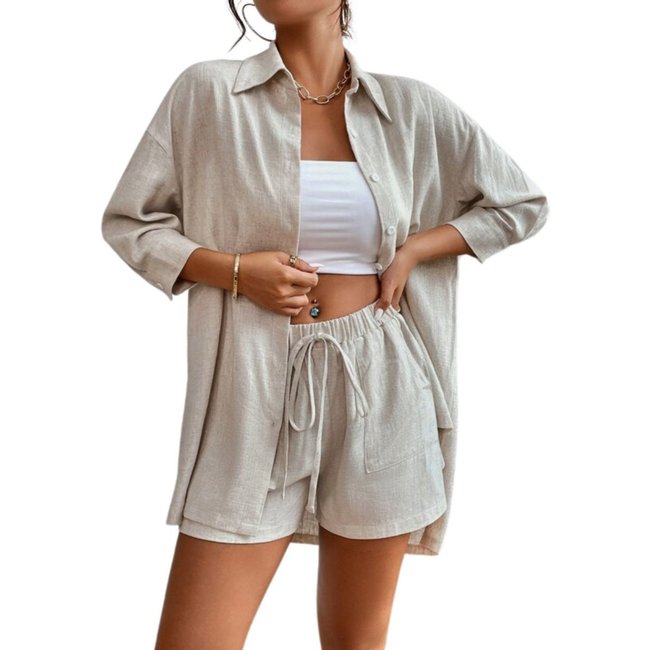 Conjunto De Linho Levosch Camisa e Shorts Nude