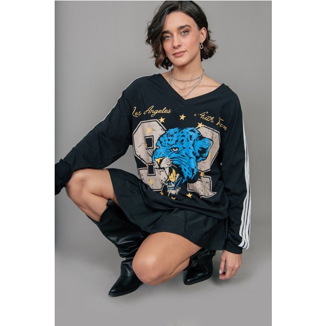 Blusa Manga Longa Decote V Preta Los Angeles marinaegabriella