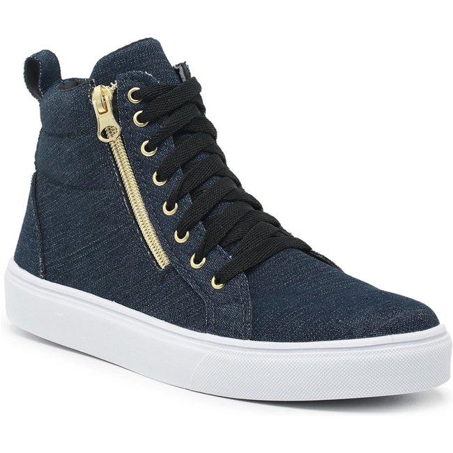 Sneaker Tênis Casual Botinha Feminina Cano Alto Sola Alta Emborrachada Zíper Lateral Amarração Jeans