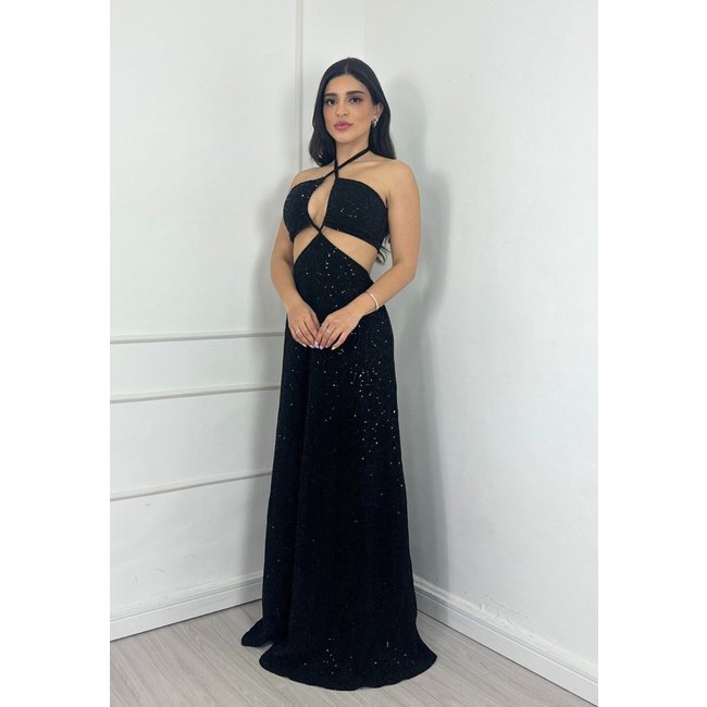 Vestido Longo Frente única Abertura Lateral Paetê Amarração Helianne Preto