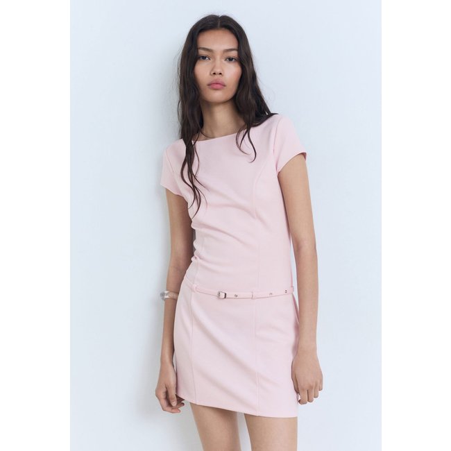 Vestido Feminino Mango Curto Cinto Rosa Claro