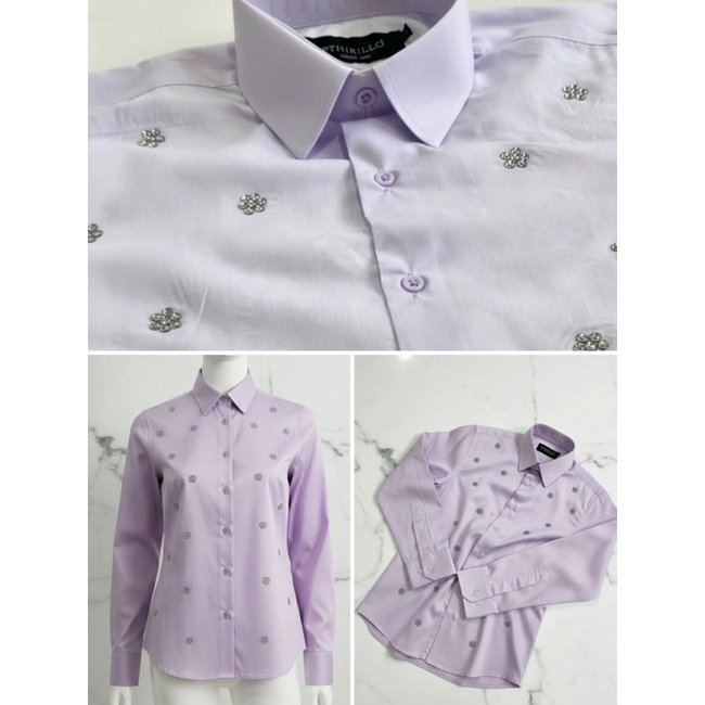 Camisa Social Feminina Margarida com Flor de Strass Premium Lilás Blusa de Luxo Manga Longa Elegante com Strass Brilho