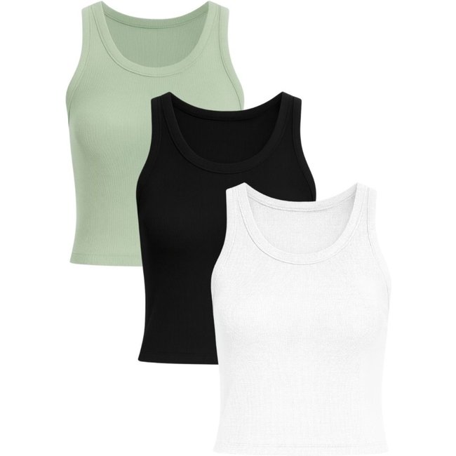 Kit 3 Regatas Cropped Feminina Ribana Canelada Preta, Branca e Verde - 50497