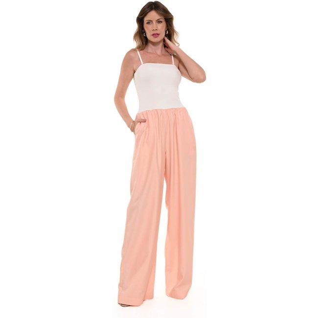 Macacão Bisô Canelado/Pantalona Off White/Laranja - Laranja