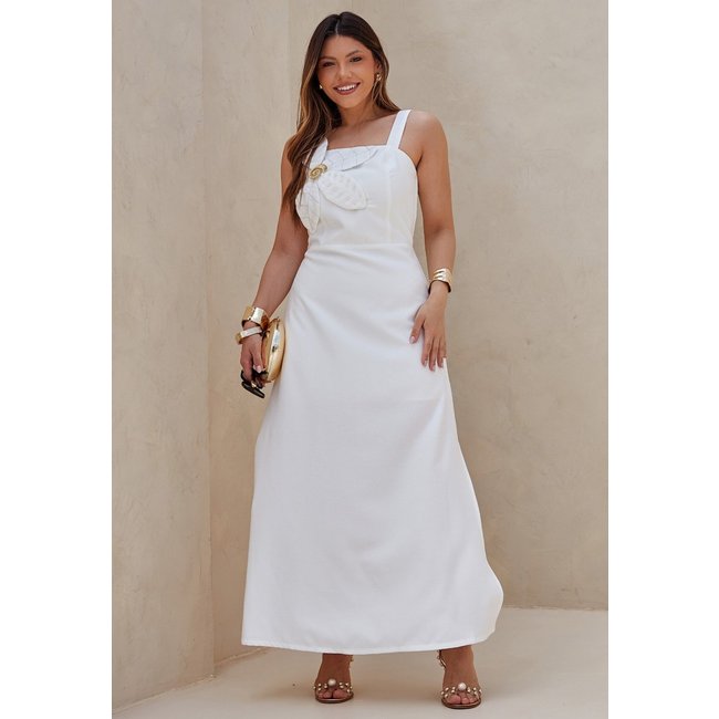 Vestido Mamorena Longuete de Alça em Liocel com Flor e Aplique de Concha