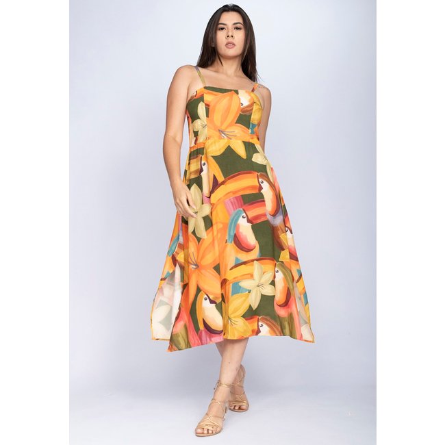 Vestido Amazonia Vital Midi Alça Fina Estampa Flowers & Tucanos