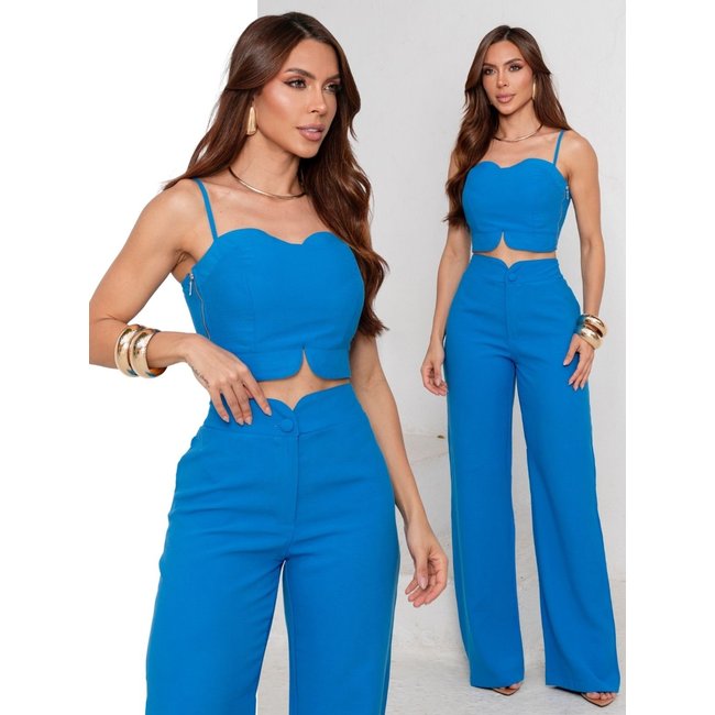 Conjunto Feminino Alfaiataria Divina Gata Cropped e Calça Pantalona - Azul Agalver