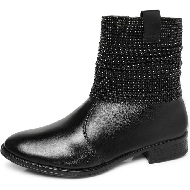 Bota Feminina Couro Malha Metal Bico Redondo Cano Curto Salto Baixo Preta