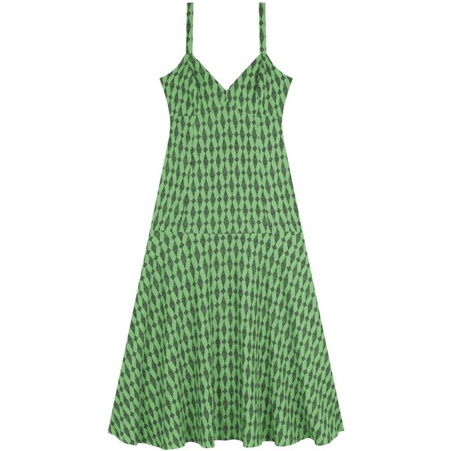 Vestido Estampado De Alças Chá Com Decote em V