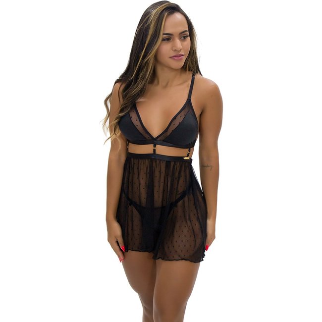 Camisola IMI Lingerie Tule Calcinha Fio Dental Juliette Preta Preto