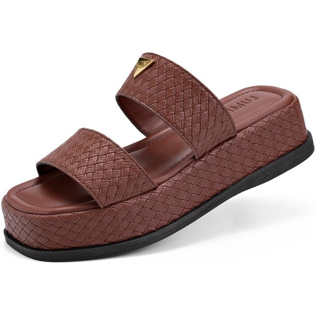 Sandália Feminina Lumiss Tamanco Flatform Juta Bico Quadrado Tressê Enfeite Metalizado Marrom