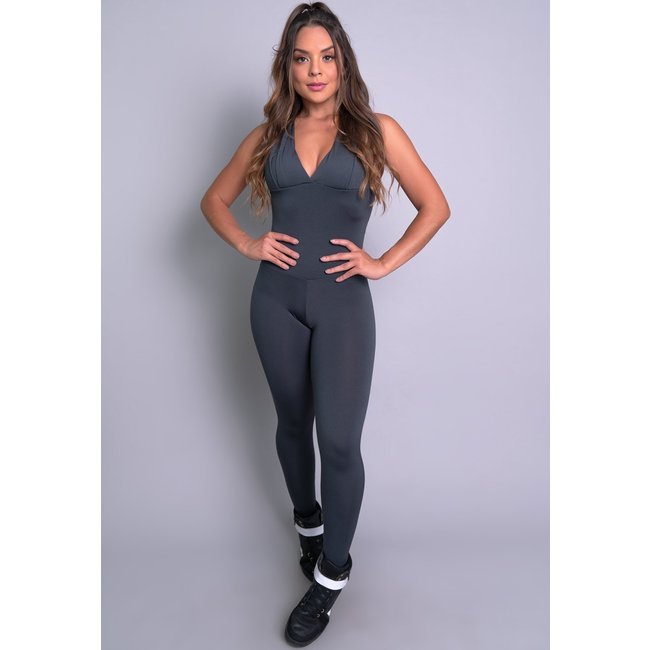 Macacão MVB Modas Bojo Suplex Liso Fitness Academia Cinza