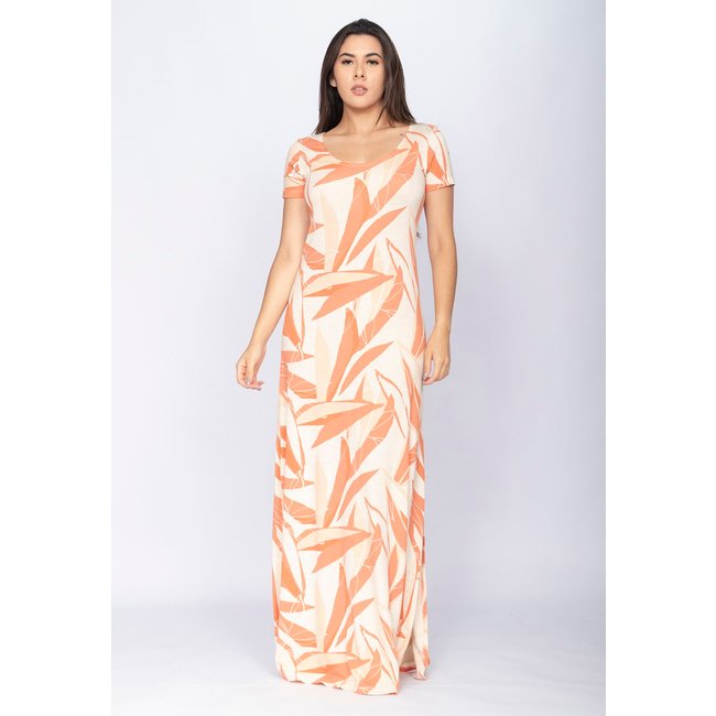 Vestido CabanaFree Longo Malha Gola Canoa Manga Curta Estampa Selvagem Laranja