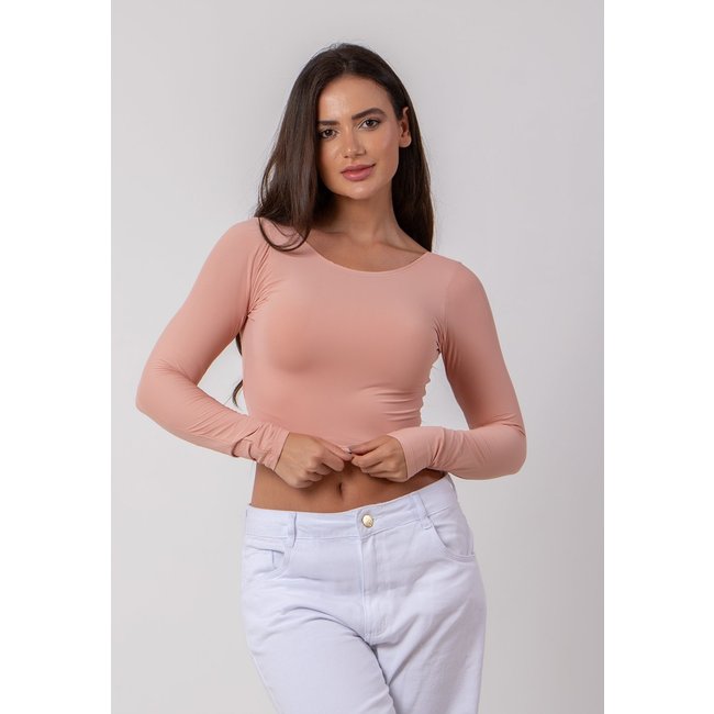 Blusa Cropped Costa Nua Manga Longa Poliamida RLC Modas Bege