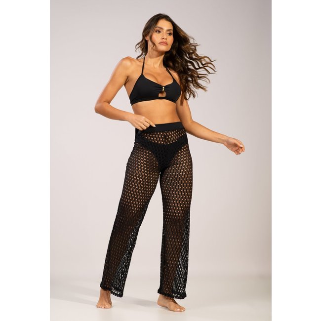 Calça Saída de Praia Feminina Bella Fiore Modas Estilo Tricot Flare Cintura Alta Preto