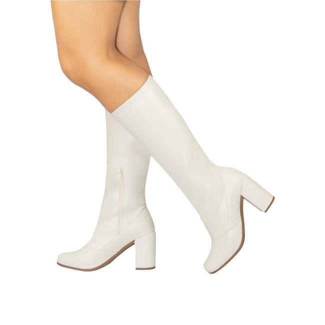 Bota Feminina Cano Longo Stretch Lumiss Salto Alto Grosso Montaria Confortável Off White