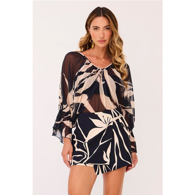 Blusa Ampla Com Decote V Folhas Charry