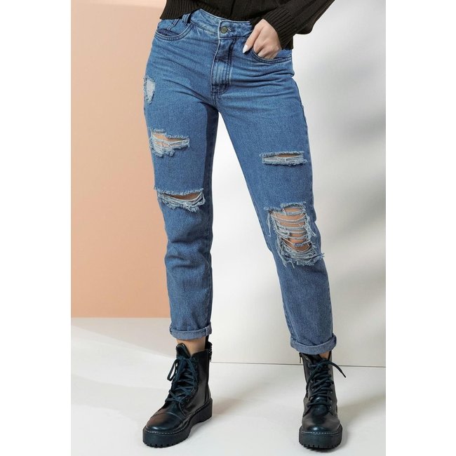 Calça Com Rasgados E Bolsos Azul Quintess