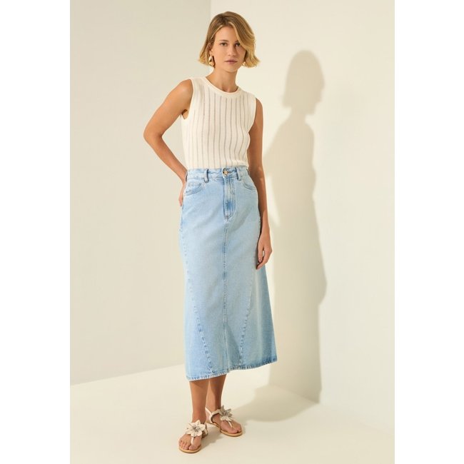 Saia Jeans Midi Com Cintura Média E Fenda