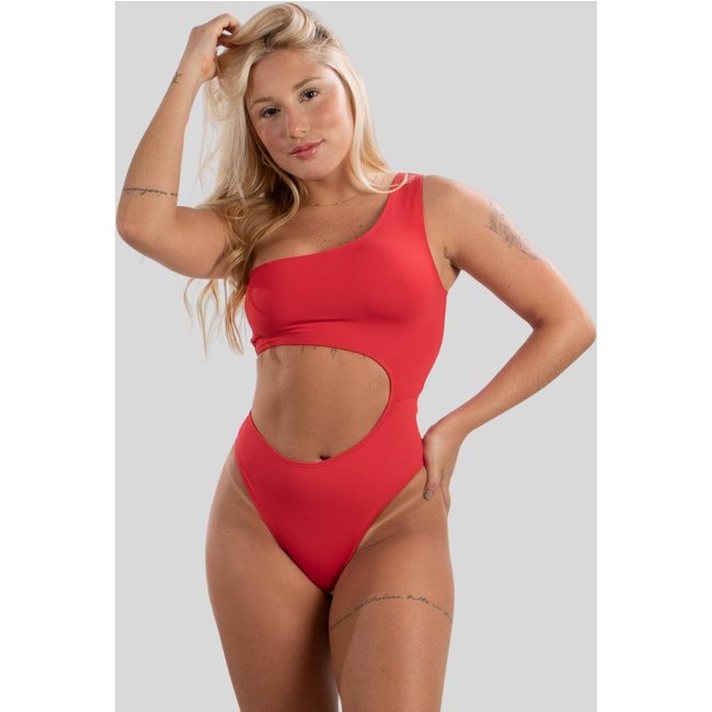Maiô Body Buraco Ombro Só Recorte Poliamida Mula Manca Liso Elastano Verão Vermelho