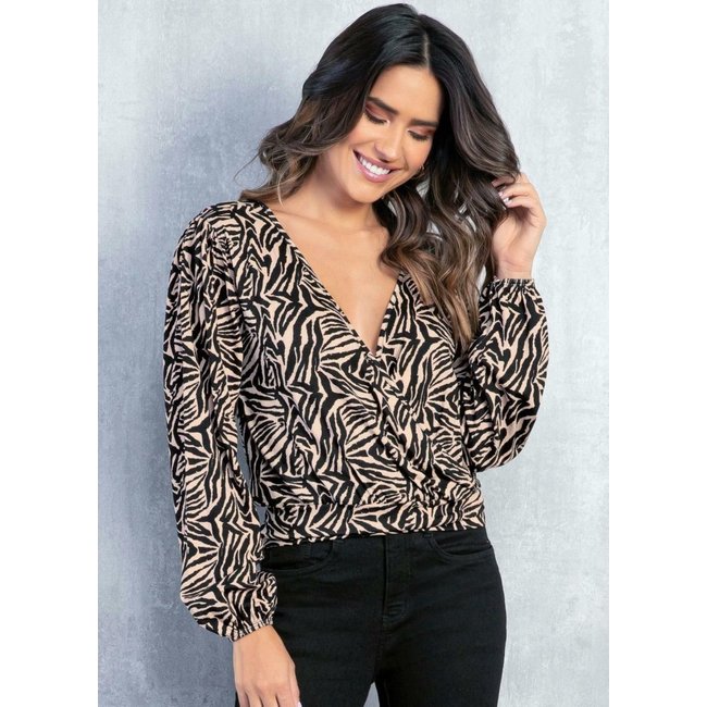 Blusa Transpassada Mangas Bufantes Zebra Rosa Quintess