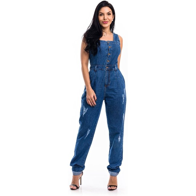 Macacão Restrito Jeans Slouchy Rasgado com Botões - Azul